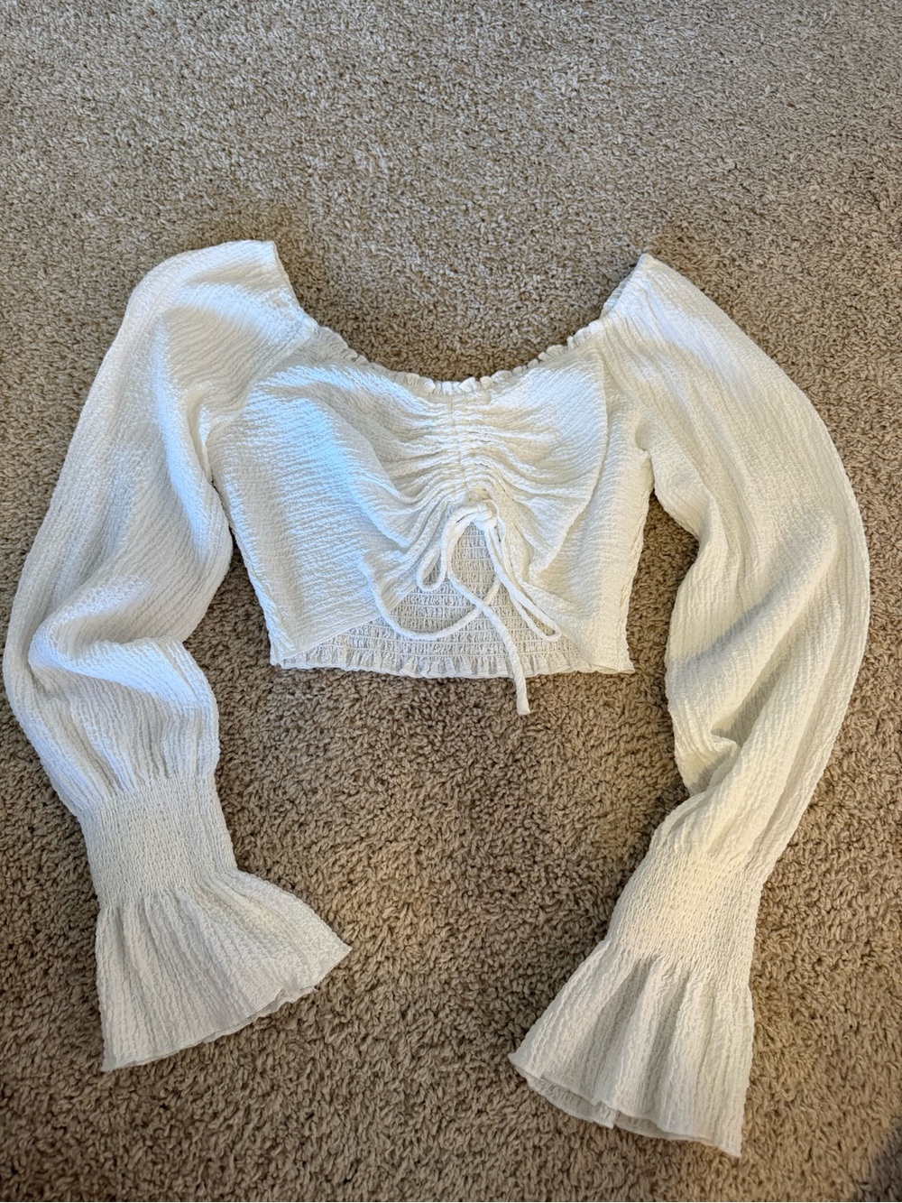 American Threads White Smocked Long Puff-Sleeve Tie-Front Crop Top